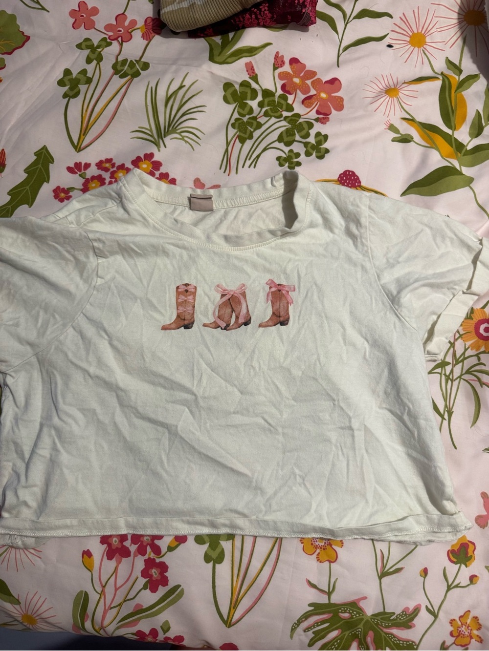 Womens White Crop Top with Pink Boot Graphic